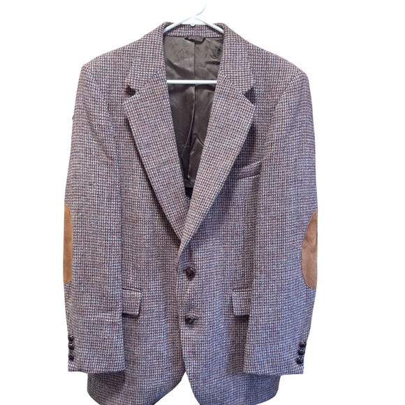 Harris Tweed Mens Wool Blazer SportCoat Burgundy Brown Houndstooth ElbowPatch